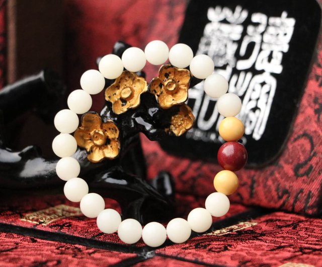 精工白玉菩提根8mm 緬甸黃玉隔珠硃砂手珠手鍊飾品菩提子TIBUKKYO德榕