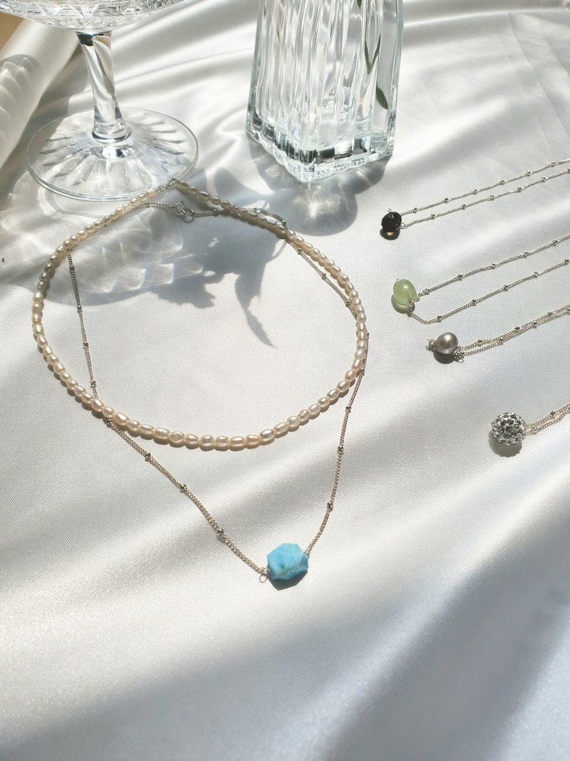 Larimar Sterling Silver Pendant + Pearl Choker / Necklace / JIEGEM Sister's Jewelry - สร้อยคอ - ไข่มุก สีน้ำเงิน