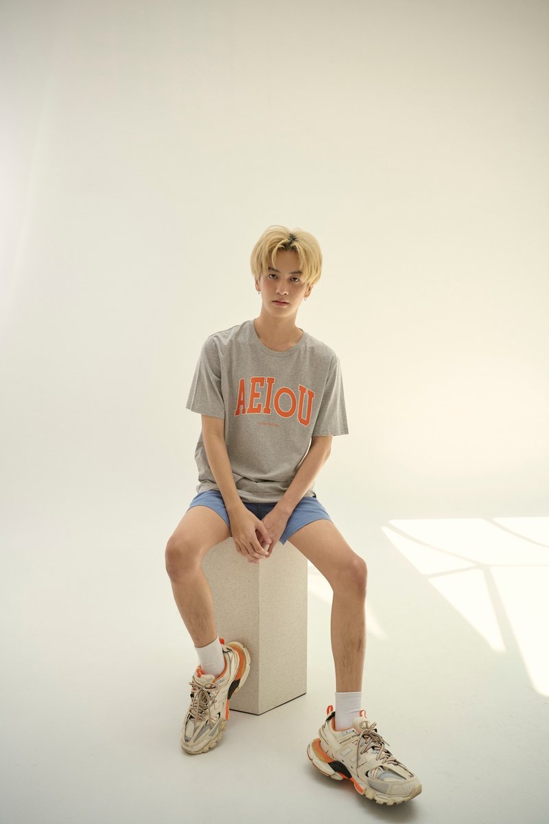 上衣 HAY : AEIoU T-Shirt - Gray / White / Sky (unisex) - 女 T 恤 - 棉．麻 