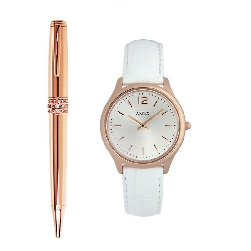 ARTEX Grace Ball Pen + Watch Dual Combination - นาฬิกาผู้หญิง - หนังแท้ ขาว