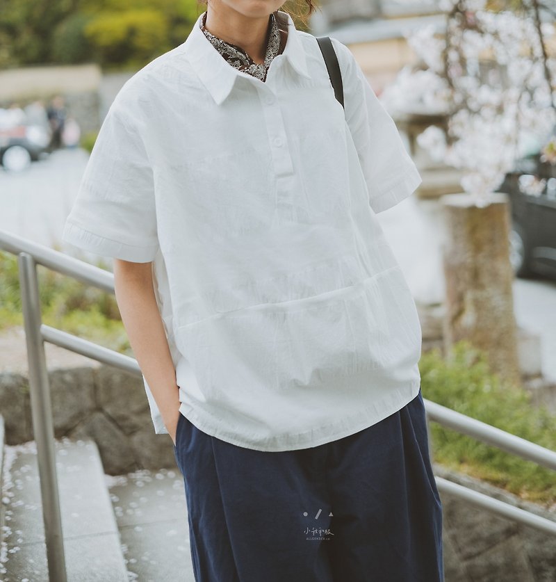 Azabu Juban POLO Collar Striped Tailored Top - 2 Colors - White - Women's Shirts - Cotton & Hemp White