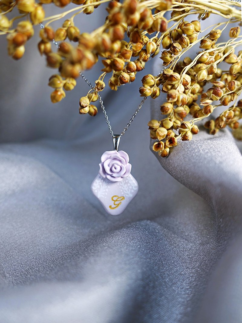 Pink taro purple rose hand-painted leaf letter necklace girls gift - Necklaces - Clay Purple