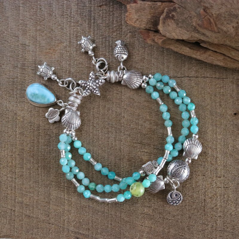 Handmade Amazonite and Larimar Charm Beach Bracelet with Karen Hill Tribe Silver - สร้อยข้อมือ - เงินแท้ สีน้ำเงิน