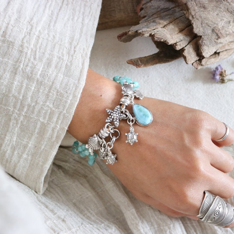 Handmade Amazonite and Larimar Charm Beach Bracelet with Karen Hill Tribe Silver - Bracelets - Sterling Silver Blue