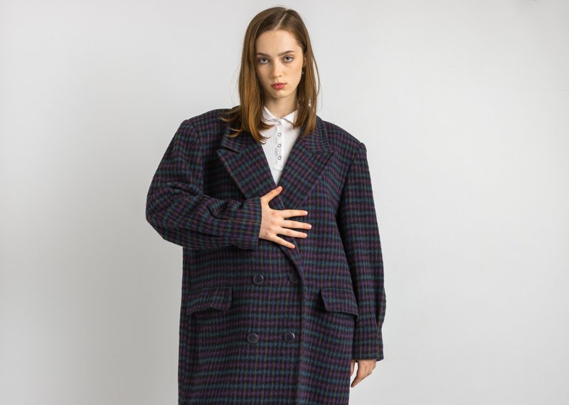 60s Woman Checked Oversized Lambswool Coat Women Vintage 6190 - เสื้อสูท/เสื้อคลุมยาว - ขนแกะ สีม่วง