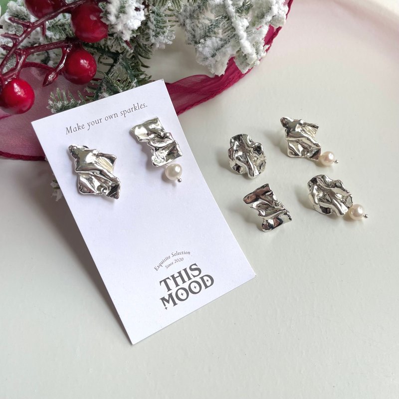 [Christmas gift box] wrinkled sterling silver earrings [exchange gift, thousand dollar gift, sterling silver earring] - Earrings & Clip-ons - Sterling Silver Silver