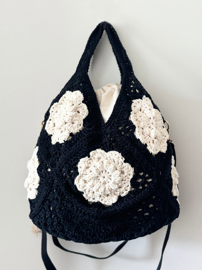 Crochet 3D flower crossbody bag - Messenger Bags & Sling Bags - Other Materials Black