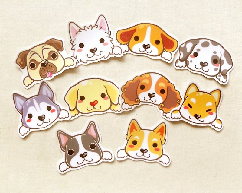 Dog Stickers 10 Pieces -  Waterproof Stickers - Pug, Boston Terrier, Corgi, Shi - สติกเกอร์ - กระดาษ หลากหลายสี