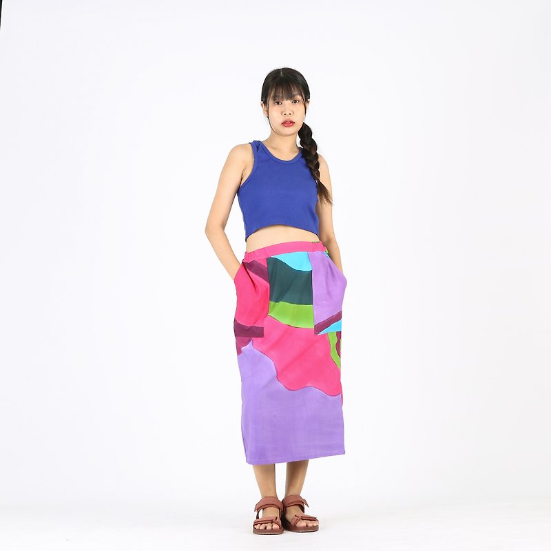 Skirt Cotton Hand Paint Free Size - กระโปรง - ผ้าฝ้าย/ผ้าลินิน สีม่วง