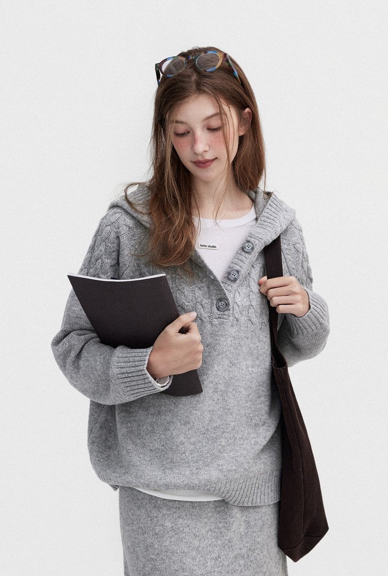 慵懶 / 絞花連帽毛衣 針織半身裙 / 100%羊毛 - 女毛衣/針織衫 - 其他材質 灰色