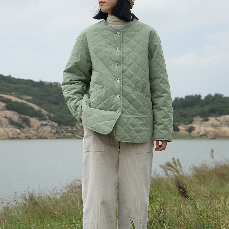 Mint green air-washed texture cotton 3M Thinsulate handmade diamond quilted round neck cotton jacket - เสื้อผู้หญิง - ผ้าฝ้าย/ผ้าลินิน สีเขียว