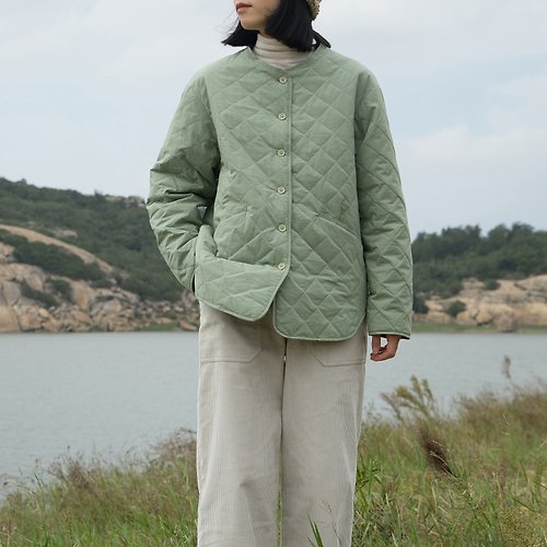 WHEATWHEAT 薄荷綠 空氣洗肌理棉 3M新雪麗 手工菱形格絎縫圓領棉服外套