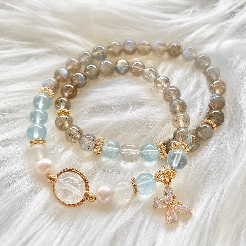 Crystalvia relieves stress I and enhances communication skills-Labradorite + Aquamarine Double Circle Bracelet 6mm - Bracelets - Crystal 