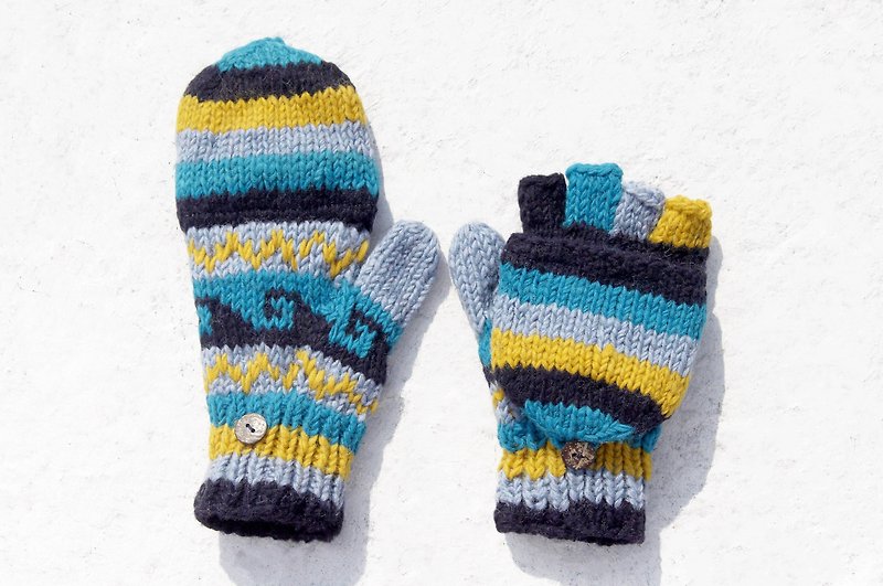 Christmas gift ideas gift exchange gift limited a hand-woven pure wool knitted gloves / detachable gloves / bristle gloves / warm gloves (made in nepal) - Spain children's color matching blue ocean wave totem - Gloves & Mittens - Wool Blue