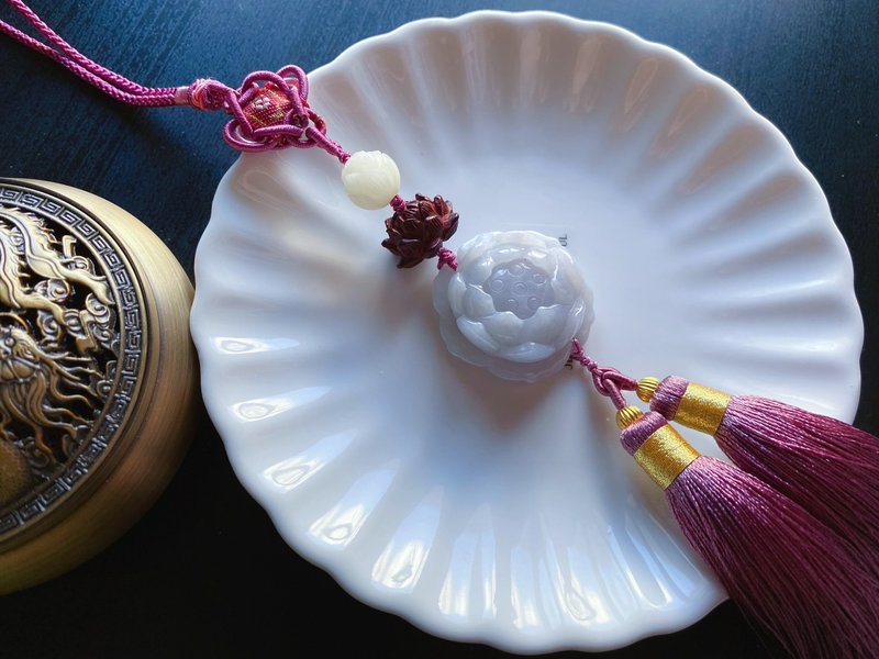 【售出】天然緬甸玉翡翠 紫翡蓮花 菩提 小葉紫檀 禮物 包掛 車掛 - 吊飾/掛飾 - 玉石 紫色