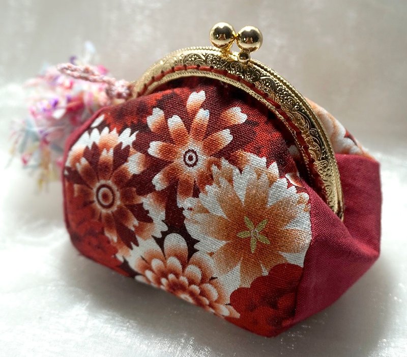 Burgundy printed kiss lock bag small bag coin purse small purse - Coin Purses - Cotton & Hemp Red