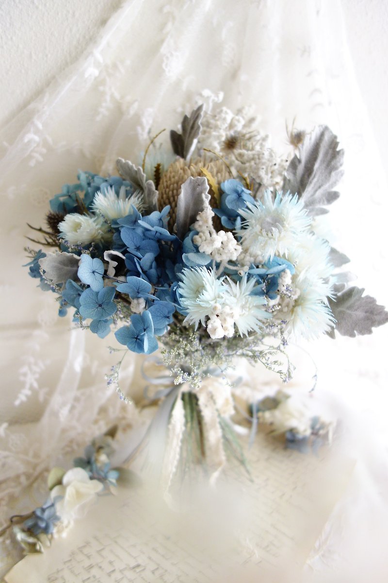 婚禮花飾系列~海水藍灰捧花 - 乾燥花/永生花 - 植物．花 透明