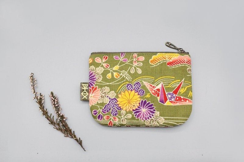 平安小樂包-和風翠綠花朵,雙面雙色日本棉麻小錢包 - 散紙包 - 棉．麻 金色