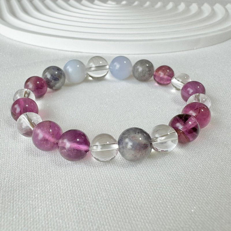 Purple fluorite white crystal corylite natural energy handmade gift made in Japan crystal bracelet - สร้อยข้อมือ - คริสตัล สีม่วง