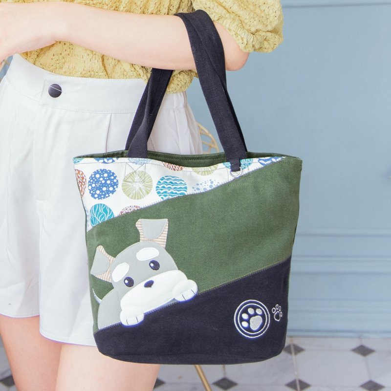 Schnauzer floral cloth three-layer handbag/small square bag/patchwork bag [810040] - กระเป๋าถือ - ผ้าฝ้าย/ผ้าลินิน สีเขียว