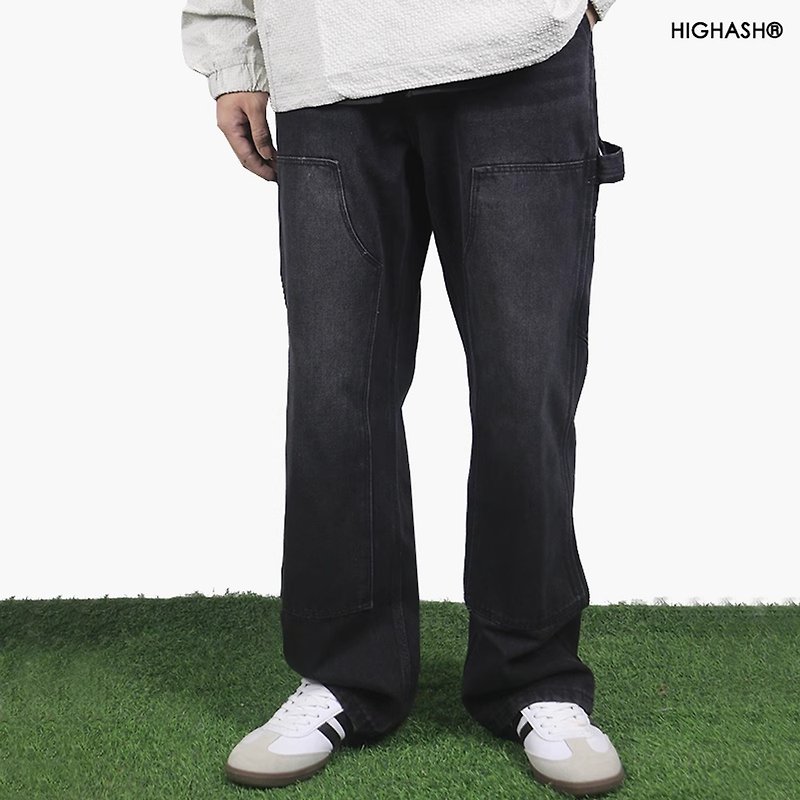 Logging cleanfit washed basic workwear durable patch structure trousers straight-leg jeans - กางเกงขายาว - วัสดุอื่นๆ สีดำ
