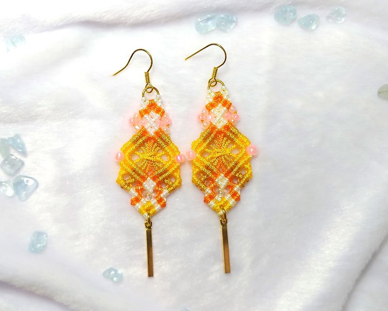 E015-Hand-woven Square Heart Earrings Layers of Sunshine Orange - Earrings & Clip-ons - Nylon Orange