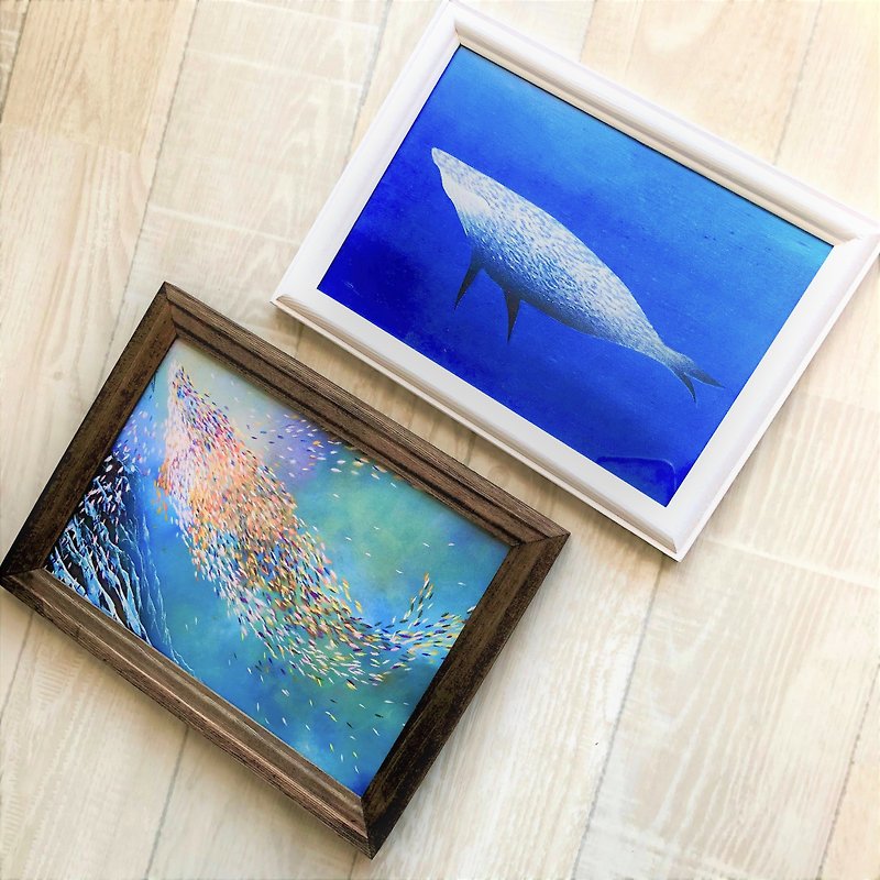 Work of art A5 print Colorful swimmy and whale swimmy - โปสเตอร์ - กระดาษ สีน้ำเงิน