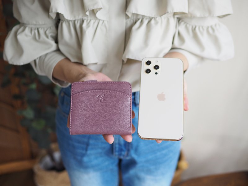 Anna (Grape): Mini wallet, short wallet, cow leather, Bifold Zipper, Purple - Wallets - Genuine Leather Purple