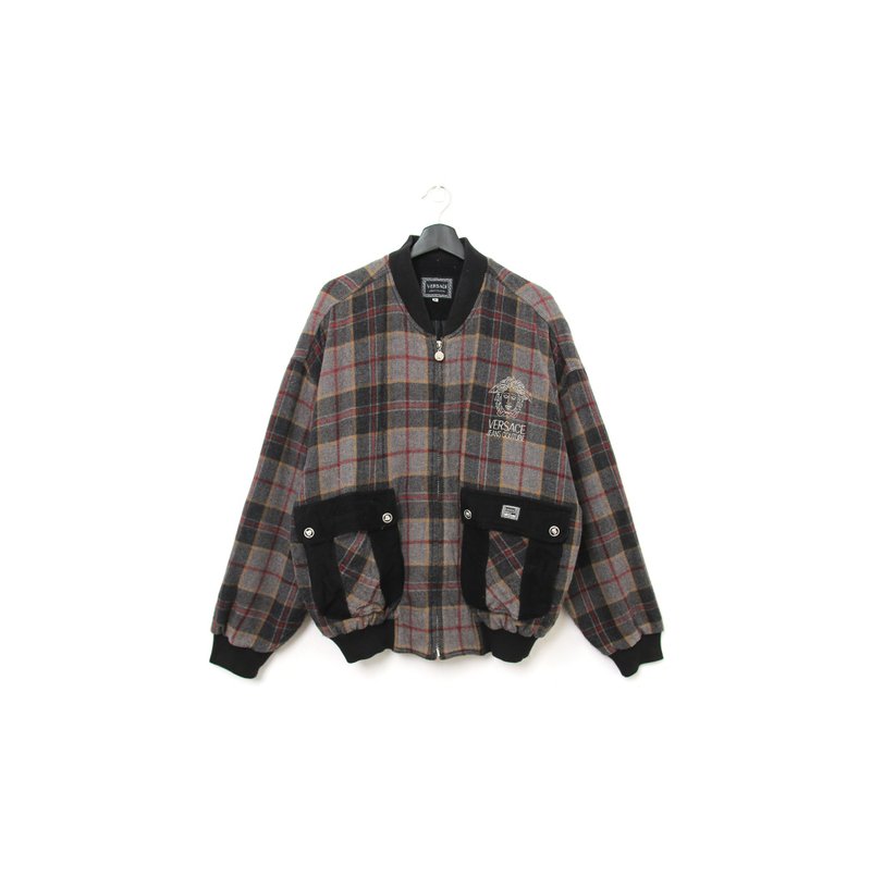 Back to Green- 冬季外套 Versace 格紋後方刺繡 vintage coat - 男夾克/外套 - 棉．麻 