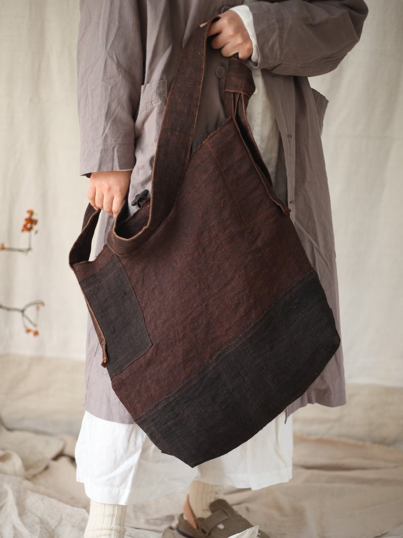 植物染夏布包棕色拼布包薯莨染大容量雙面雙層棕色單肩斜挎包 - 側背包/斜背包 - 棉．麻 咖啡色