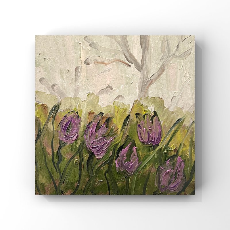 Spring Garden Oil Painting Spring Flowers Art Spring Landscape Tulips Artwork - 海報/掛畫/掛布 - 其他材質 紫色