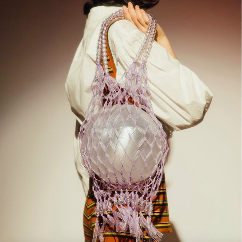 Light purple large hand-woven tassel handbag retro fashion magic glass beads IG red - Handbags & Totes - Other Materials Purple