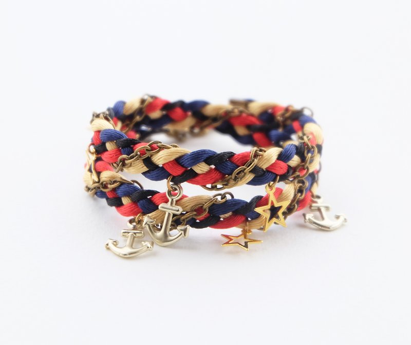 Black blue red gold double layer wrap bracelet with anchor and star charms - Bracelets - Polyester Multicolor