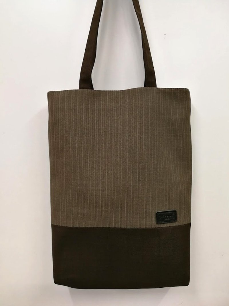 原創精緻肩背包/托特包/A4可放/棕底條紋AL08-006(獨一商品) - 側背包/斜背包 - 其他人造纖維 咖啡色