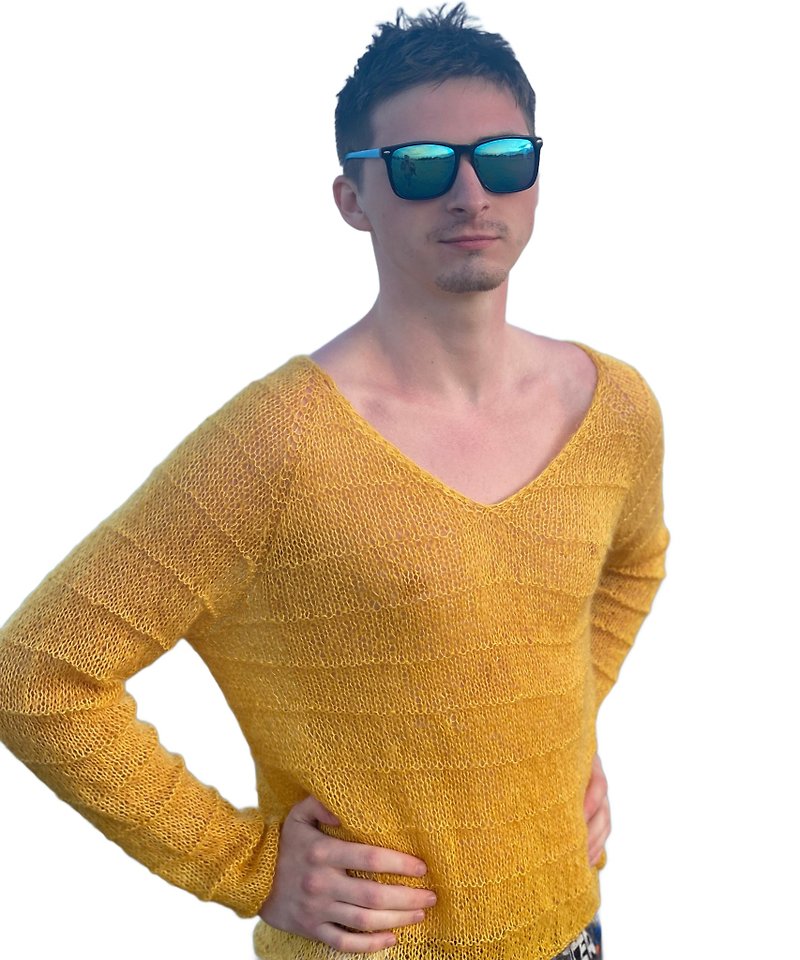 Men Knitted Mohair Sweater Light Pullover Handmade Thin Warm Casual Jumper Knit - Men's Sweaters - Wool Yellow