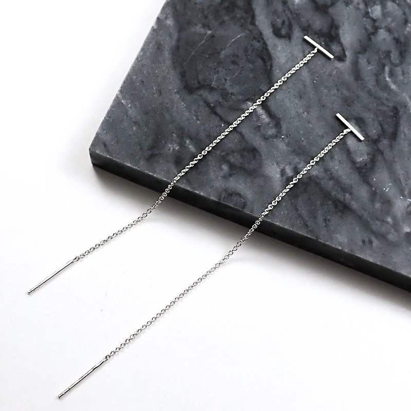 [Single Side]-Crazy Geometry | Very Short One-Line Horizontal Bar 925 Sterling Silver Chain Drape Long Chain Earrings