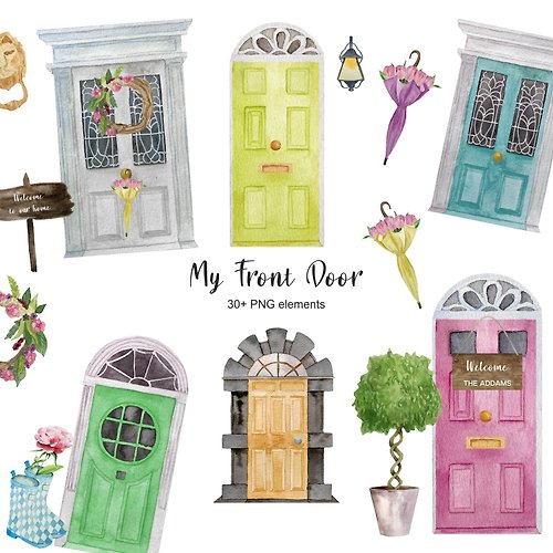 Art and Funny Watercolor My Front Door Clipart. Personalised family print