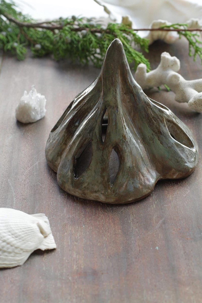 純手捏花朵造型陶瓷燭台/陶燈 - 香氛蠟燭/燭台 - 陶 綠色