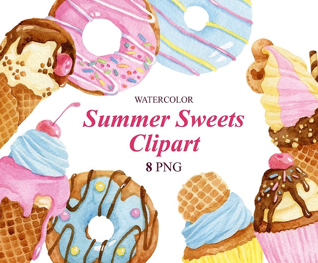 かわいい夏のお菓子のクリップアート パステルカラーのデザート ドーナツ カップケーキ アイスクリーム ショップ Lisawatercolor イラスト 絵画 カリグラフィー Pinkoi