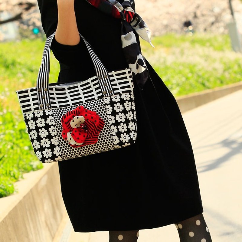 tote bag Location Hunting S Monochrome Red Corsage dots borders stripes - Other - Cotton & Hemp Black