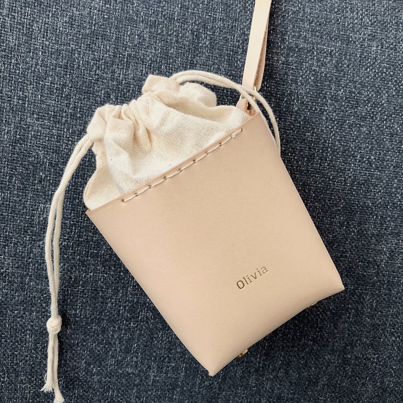 Medium bucket bag, coin bag, wallet for women (personalized, gift)  _Butter - กระเป๋าถือ - หนังแท้ สีกากี