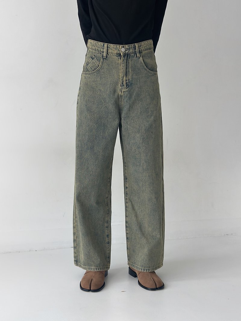 日系復古 做舊洗水直筒牛仔褲 - 工裝褲/長褲/牛仔褲 - 其他材質 灰色