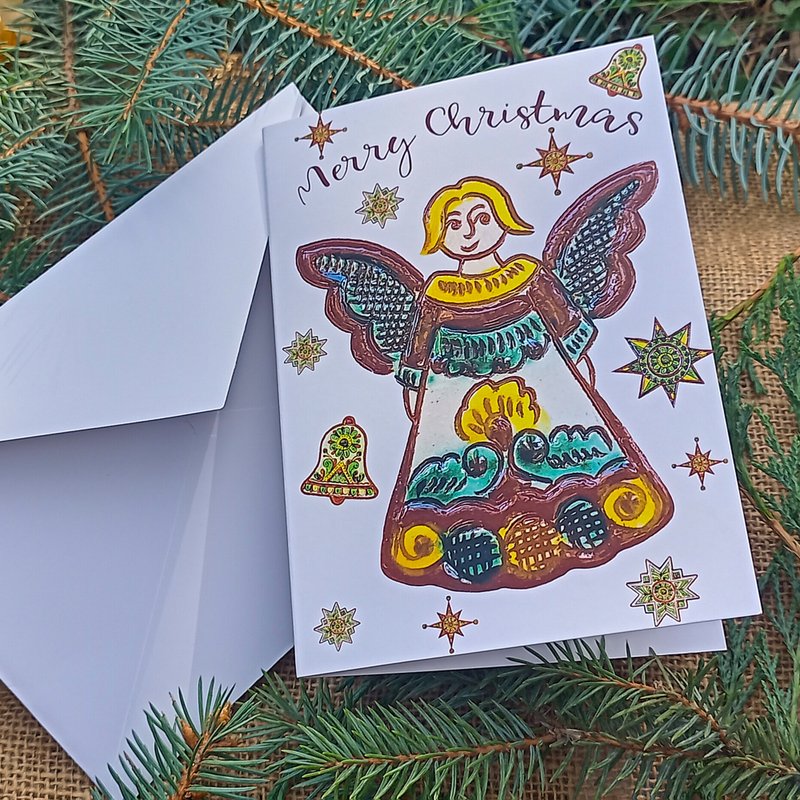 Ukrainian Christmas greeting card, Christmas Angel card, Ukraine naive art Card - 卡片/明信片 - 紙 綠色