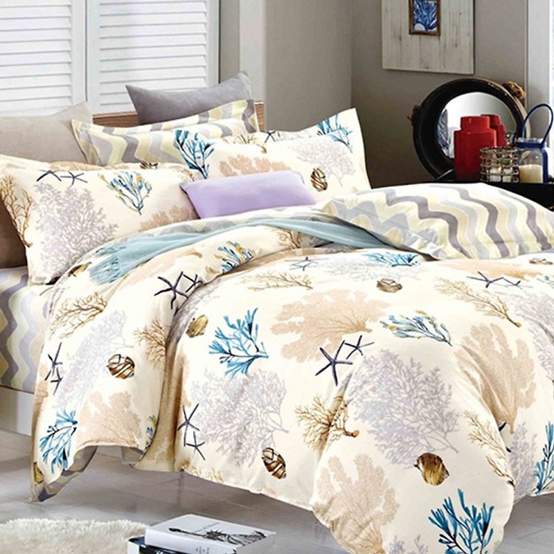 Coral Sea - double-sided design 100% combed cotton sheet bed set of four pieces (double 5 × 6.2 feet) - เครื่องนอน - ผ้าฝ้าย/ผ้าลินิน สีกากี