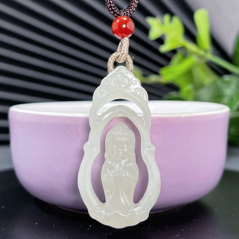 和田玉白玉寶寶佛吊墜項錬 鏤空雙面立體雕刻站佛玉墜 細膩油潤 - 項鍊 - 玉石 白色