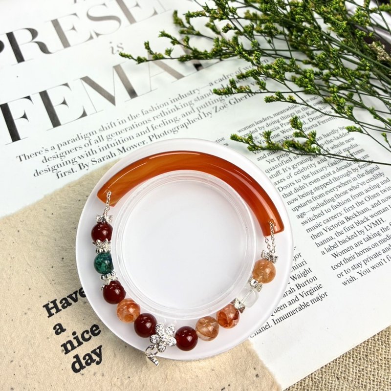 オリジナルデザイン 不死鳥の再生 ハーフバングルクリスタルブレスレット レッドアゲート フェニックスストーン ホワイトクォーツ フローライトインクォーツ - ブレスレット - クリスタル レッド