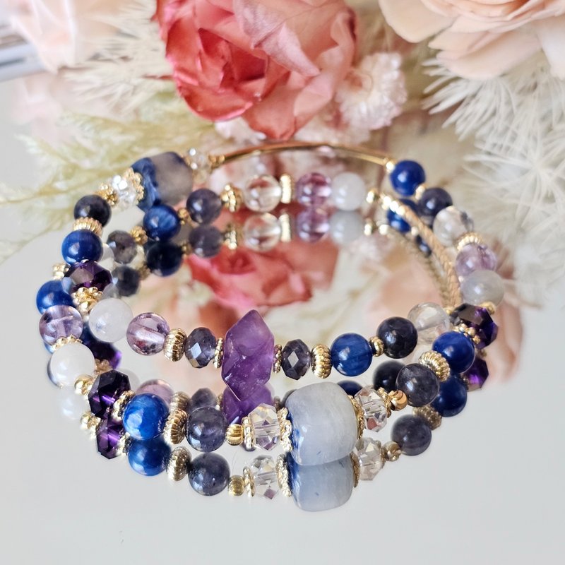 Quiet water lily-double circle model/blue line Stone/amethyst/cordierite/kyanite/white Stone - Bracelets - Crystal Multicolor