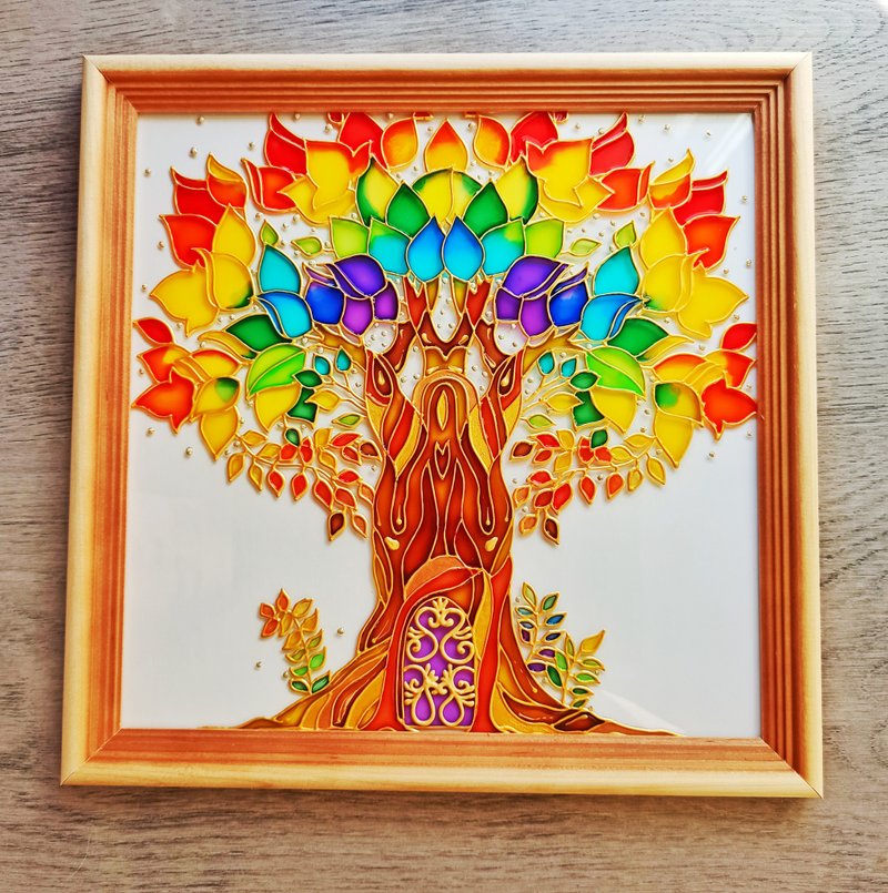彩虹彩色玻璃挂钟生命树彩色玻璃挂墙装饰 - 壁貼/牆壁裝飾 - 玻璃 金色