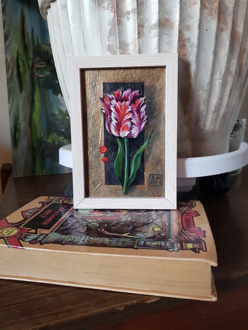 Small original cute flower Tulip artwork hand painted oil painting framed - ตกแต่งผนัง - วัสดุอื่นๆ 