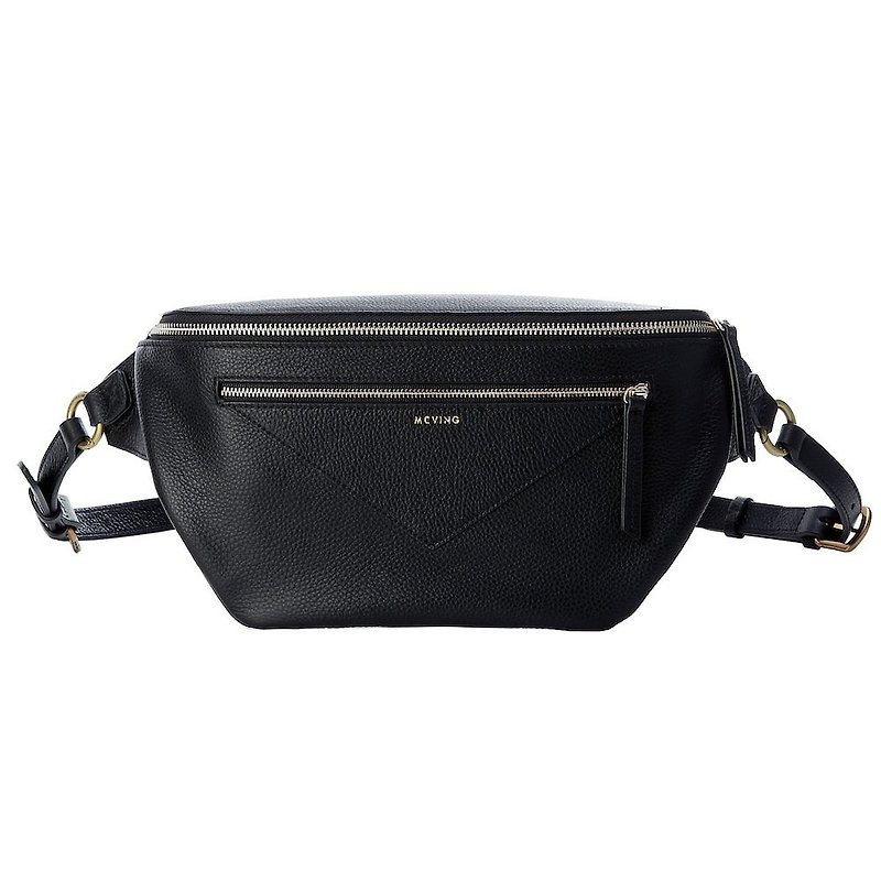 Black Embossed Leather Runner X Waist Bag-Gold Buckle - Messenger Bags & Sling Bags - Genuine Leather Black